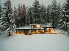 a house in the middle of a snowy forest with trees and lights shining on it