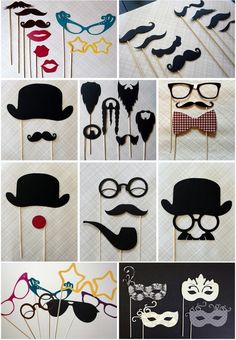 a collage of photos with mustaches, glasses and hats on top of them