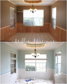 before and after photos of a kitchen remodel with tile flooring, walls painted blue