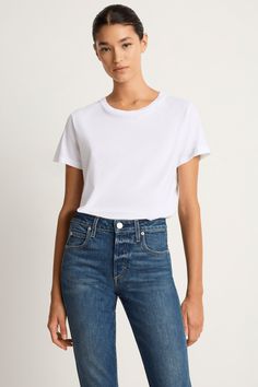 AMO Denim Classic Tee - White Denim T-shirt With Relaxed Fit And Short Sleeves, White Boxy Fit Cropped T-shirt For Everyday, Blue Boxy Fit Cotton T-shirt, Soft-washed Boxy Fit Cotton T-shirt, Relaxed White T-shirt With Soft-washed Detail, Raquel Allegra, Hair Fragrance, Jersey Tee, S Models