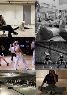 black and white photographs of people doing various activities in a room with wood flooring