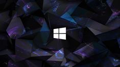 the windows logo is surrounded by many black and purple shapes in this abstract background that appears to be made up of triangles