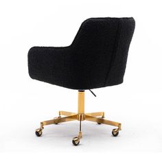 an office chair with wheels and black upholstered fabric on the back, against a white background