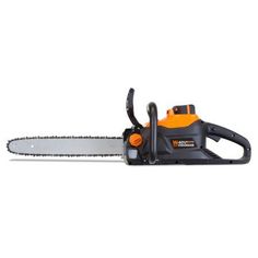 a chainsaw with an orange handle and black blades on the blade is shown against a white background