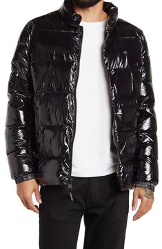 A casual puffer jacket offers instant warmth with plush quilting and hand-warming slant pockets. 28" length (size M) Stand collar Long sleeves with ribbed cuffs Zip front Slant pockets with snaps Quilted shell Lined Shell: 100% nylon; Lining: 100% nylon; Filling: 100% sorona polyester Machine wash, tumble dry Imported Model stats: 6'1" height, 32" waist. Model is wearing size M Black Down Puffer Jacket With Zipper Closure, Black Down Puffer Jacket With Zipper, Down Puffer Jacket With Zip Fly For Cold Weather, Winter Down Puffer Jacket With Zip Fly, Black Quilted Down Outerwear, Black Down Quilted Jacket For Fall, Quilted Black Down Outerwear, Black Down Puffer Jacket For Spring, Casual Black Puffer Jacket With Zip Fly