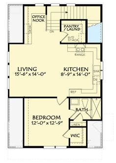 the floor plan for a two story house with an upstairs bedroom and living room area