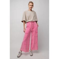 Lazy Days Mineral Washed Wide Leg Pants in Barbiie Pink The comfiest and trendiest wide-leg pants just hit the scene! Say "Yes" to a wide-leg silhouette with a draw-string waist in soft French Terry. Vintage fade makes these a casual favorite while visible seams, full-length raw-edges, and outline pockets add to the relaxed vibe. Shorter gals look no further, these are an awesome crop style that will make the perfect full-length pants for you!  Item Deets:  Waist laid flat: (S) 14" (M) 15" (L) 16" - With TONS of stretch! Inseam: 24" Rise: 14" 100% cotton Size Chart Small: 0-8 Medium: 8-12 Large: 12-16 Brand: Easel Shop all your favs + all the new at shoppoppyandseed.com + receive 15% off your first order! ❤ Return Policy: Even Exchange or Store Credit only within 7 days of delivery. Pink Relaxed Fit Wide-leg Sweatpants, Pink Wide-leg Relaxed Fit Sweatpants, Casual Pink Wide Leg Pants For Loungewear, Pink Straight Leg Sweatpants For Spring, Chic Wide Leg Relaxed Fit Sweatpants, Chic Relaxed Fit Wide Leg Sweatpants, Pink Wide Leg Loungewear Pants, Pink Wide-leg Sweatpants With Pockets, Wide-leg Parachute Pants For Loungewear