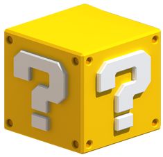 a yellow cube with two white question marks on it