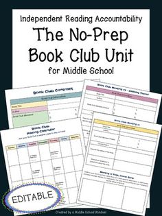 Looking for a fun and engaging way to get your middle school students talking about their independent reading? No problem! Just download, print, and go! This fun and creative book club unit for middle school readers includes all you need to engage your students in literature-based discussions. This unit is designed for bi-weekly meetings over the course of four weeks. This download includes printable PDF files AND links to copy and edit the resources in your Google Drive.This download includes:a Middle School Book Club Ideas, Independent Reading Accountability, Book Club Printables, Reading Accountability, Book Club Names, Book Club Activities, Middle School Books, High School Books, High School Library