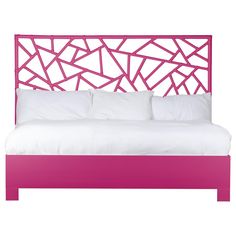 a pink bed with white sheets and pillows on top of it, against a white background