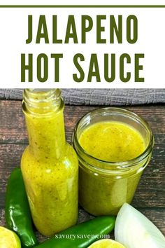 jalapeno hot sauce in a glass jar next to sliced green peppers