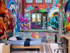 a bedroom with colorful graffiti on the walls