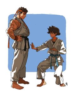 an image of two men in karate stances with one holding the other's hand