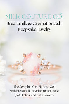 The Seraphine breastmilk ring by Milk Couture Co. This keepsake stone has breastmilk, pearl shimmer, birth flowers of her three babies and rose gold flakes. It is set in solid 18K rose gold with genuine diamonds and has her babies names engraved on the inside of the band. <3 #breastmilkjewelry #keepsakejewelry #breastmilk #breastfeeding #cremationjewelry Ethereal Halo Jewelry For Promise, Ethereal Halo Rings For Promises, Ethereal Halo Rings For Promise, Ethereal Rose Gold Jewelry For Anniversary, Ethereal Halo Wedding Jewelry, Ethereal Birthstone Rings For Gifts, Ethereal Diamond Rings For Gifts, Birthstone Rings For Gifts, Ethereal Anniversary Jewelry With Halo Detail