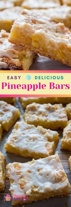 homemade pineapple bars with icing on top and the words easy delicious pineapple bars