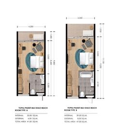 two floor plans showing the living room and bedroom areas, with furniture on each side