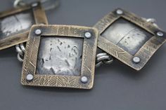 "This bracelet is handmade from fine silver, bronze, and alloy rivets. A variety of real North Carolina fall leaves were used to imprint the fine silver back plates. Bronze was then textured, kiln fired, pierced, sawed and riveted to the silver back plates. Heavy gauge handmade sterling jump rings are then soldered to the back plates, and used to connect the individual pieces. Made to size, and finished with a handmade sterling clasp. This is truly a unique bracelet with some great weight, it is Rivet Jewelry Ljbjewelry Metalsmith, Silver Hammered Brass Bracelets, Hammered Silver Brass Bracelets, North Carolina Fall, Rivet Jewelry, Bracelet For Him, Hummingbird Jewelry, Mixed Metal Bracelets, Back Plates