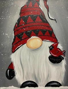 an acrylic painting of a gnome with a red hat and white beard, standing in the snow