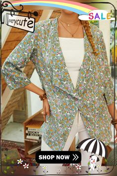 Bohemian Floral Print 3/4 Length Sleeves Casual Jacket for Women Bohemian Spring Outerwear For Day Out, Casual Half-sleeve Spring Outerwear, Casual Half Sleeve Spring Outerwear, Casual Spring Outerwear With Half Sleeves, Casual Half Sleeve Outerwear For Spring, Summer Outerwear With 3/4 Sleeves, Casual Half Sleeve Fall Outerwear, Bohemian Summer Outerwear With 3/4 Sleeves, Green Printed Spring Outerwear