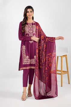 Unstitched Embroidered Cambric Fabric, Multicolor Embroidered Salwar Kameez With Printed Motifs, Purple Unstitched Long Sleeve Suit With Floral Embroidery, Purple Unstitched Suit With Floral Embroidery, Purple Unstitched Suit With Floral Embroidery And Long Sleeves, Festive Multicolor Embroidered Printed Sets, Printed Cambric Dupatta, Traditional Purple Printed Lawn Suit, Purple Embroidered Fabric For Eid