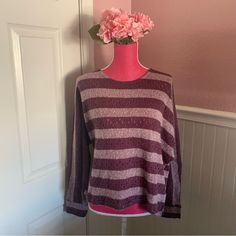 Purple And Lavender Striped Open Knit Sweater Nwt, Size L/Xl Pit To Pit 21” Shoulder To Hem 23” Super Cute - Need A Shirt Underneath It Relaxed Fit Purple Knit Tops For Layering, Striped Pointelle Knit Tops For Fall, Cozy Soft Knit Purple Top, Casual Lavender Knit Tops, Lavender Top For Layering In Fall, Lavender Top For Fall Layering, Lavender Tops For Fall Layering, Purple Crew Neck Sweater For Layering, Purple Knit Crew Neck Top