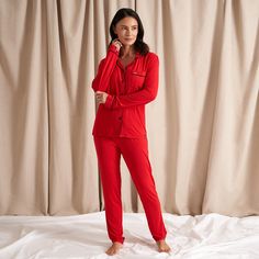 The essential pyjama set. Our pyjama sets are true to size with a standard fit. A straight fitting leg and comfortable shirt shape with a revere collar which is finished with contrast colour piping. Bamboo is the perfect material for nightwear with all its lovable characteristics. It’s smooth fibres mean it won’t irritate the skin. It is temperature controlling with its cross-section fibres which trap warm air. Bamboo grows quickly and doesn’t require any fertilisers or pesticides. A durable material, it retains its natural antibacterial qualities even after many washes. It kills odour-causing bacteria so you’ll always feel fresh. Our bamboo material is created from a sustainable source. Material composition: 95% Bamboo Viscose 5% Elastane Care instructions: Machine wash at 30 degrees Stocking Fillers For Him, Pyjama Sets, Bamboo Pajamas, Stocking Fillers For Her, Nightwear Women, Sleep Well, Pyjama Set, Independent Designers Fashion, Bridal Collection