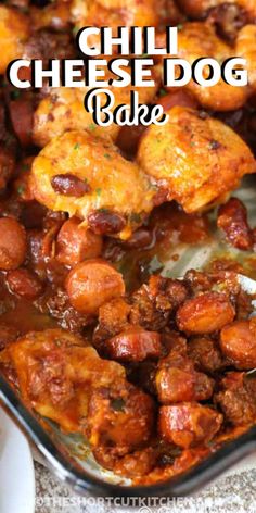 a casserole dish filled with chili cheese dog baked in the oven and ready to be eaten