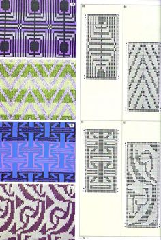 cross stitch patterns are shown in four different colors and sizes, including purple, green, blue, and white