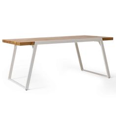 a wooden table with metal legs and a white frame on the top, against a white background