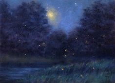 an oil painting of trees and water at night