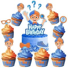 a birthday card with cupcakes and an image of a man in blue hat