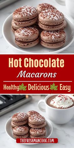 hot chocolate macarons with whipped cream in the middle on a plate next to a cup of coffee