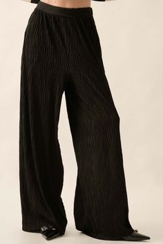 Flow Me Away Wavy Ribbed-Knit Wide-Leg Pants - ShopPromesa Chic Solid Bottoms With Folds, Chic Bottoms With Folds, Chic Stretch Bottoms With Folds, Wide Leg Bottoms With Folds, Chic Wide Leg Bottoms With Folds, Textured Knit, Knit Pants, Ankle Length, Black Pants