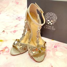 Vince Camuto Shimmering Champaign/ Cream Color Suede Dressy Shoes With Atones And Beads. Bnwt And Box. Hills - 4” Elegant Beaded Round Toe Sandals, Elegant Beaded Party Heels, Elegant Sandals With Sequins And Round Toe, Elegant Round Toe Sandals With Sequins, Elegant Sequined Round Toe Sandals, Elegant Wedding Sandals With Sequins, Elegant Ankle Strap Sandals With Sequins, Elegant Sequined Ankle Strap Sandals, Elegant Silver Sandals With Sequins