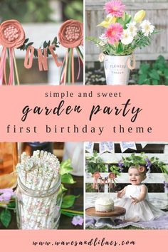 the garden party first birthday theme is pink and white, with flowers in vases