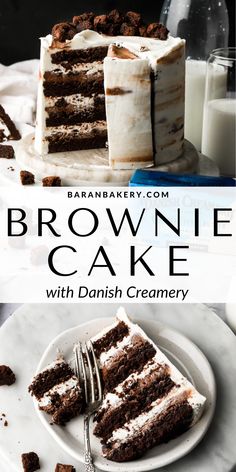 brownie cake with danish cremery on a white plate