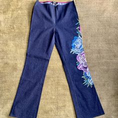 Beautiful Vintage Denim Fro Vivienne Tam. Bought When I Was Living In Asia Back In The Days. Inseam 30.75 Inches. Size 1 - In Vienna Tam. I Usually Wear A Size 4 In Usa Or Size 26 Jeans. There Is A Bit Stretch To The Fabric. Blue Embroidered Spring Pants, Blue Straight Leg Pants With Floral Embroidery, Embroidered Blue Straight Leg Pants, Blue Embroidered Straight Leg Pants, Blue Straight Leg Bottoms With Floral Embroidery, Traditional Blue Embroidered Pants, Traditional Embroidered Blue Pants, Fitted Cotton Bottoms With Embroidered Hem, Spring Fitted Embroidered Pants