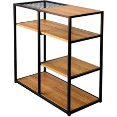 a wooden shelf with metal frame and shelves