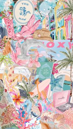 the collage is made up of many different items and colors, including palm trees