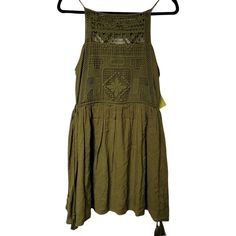 Entro Boho Crochet Trim Dress Olive Green Pleated Layered Medium Casual Mini Dress With Crochet Trim, Casual Sleeveless Mini Dress With Crochet Trim, Sleeveless Dresses With Crochet Trim For Day Out, Bohemian Mini Dress With Crochet Trim For Day Out, Casual Sleeveless Lace Crochet Dress, Casual Sleeveless Crochet Dress With Crochet Trim, Casual Sleeveless Crochet Trim Dress, Sleeveless Mini Dress With Crochet Trim For Day Out, Bohemian Sleeveless Mini Dress With Crochet Trim