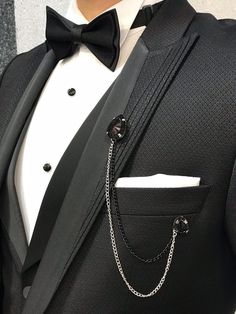 All Black Tuxedo, Suited Men, Blue Slim Fit Suit, Chain Brooch, Tuxedo Colors, Black Suit Men, All Black Fashion, Slim Fit Tuxedo, Suit Men