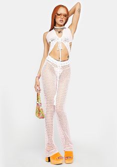 because you were born cold. This set includes crochet skinny pants with a sheer loose knit design and a matching halter top with a butterfly fit and contrast colored trim. Pink Mesh Bottoms For Spring, Summer Party Pink Crochet Top, Colored Trim, Trust Love, Crochet Set, Loose Knit, Halter Crop Top, Loose Pants, Love Crochet