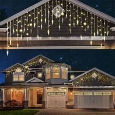 two houses with christmas lights hanging from the roof and on to the front of the house