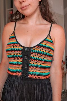 Crochet mesh stripy top, perfect for festivals of as a beach coverup Hippie Crop Top For Music Festival And Beach Season, Black Sleeveless Top For Beach Party, Trendy Crochet Beach Top For Summer, Trendy Crochet Top For Summer Beach, Trendy Summer Crochet Top For Beach, Hippie Crochet Top For Summer Music Festival, Black Tops For Beach Party In Beach Season, Black Tops For Beach Party, Black Top For Beach Party In Spring