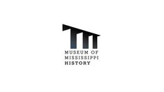 the museum of mississippi history logo is shown in black and white, with an arrow above it