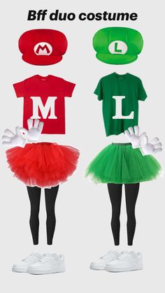 two children's costumes, one in red and green with the letter m on it