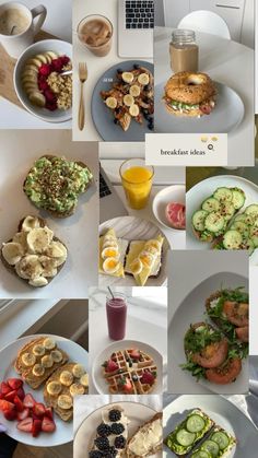 a collage of photos with different foods and drinks on them, including sandwiches, waffles, fruit, vegetables, and coffee