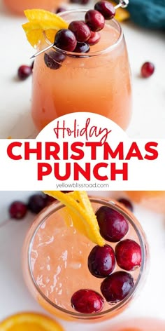 holiday christmas punch with cranberries and oranges on the rim, garnished with an orange slice