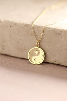 Gold Moon And Sun Pendant - Moon And Sun Gold Necklace ● Material of pendant: Solid Gold 14k ( REAL GOLD ) ● Metal Stamp: 14k ( REAL GOLD ) ● The pendant is available in 5 sizes: - 12,7 mm / 0.5 inches (Diameter) - 14,0 mm / 0,55 inches ( Diameter ) In the photos - 15,3 mm / 0.6 inches ( Diameter ) - 16,5 mm / 0,65 inches ( Diameter ) - 19,1 mm / 0,75 inches ( Diameter ) ( In the photos the size is 14mm / 0.55 inches Diameter ) ( Jump Ring inner diameter: 4 mm ) ● Material of chain: Solid gold 1 Moon And Sun Pendant, Celestial Sun And Moon Design Necklace For Anniversary, Celestial Sun And Moon Design Anniversary Necklaces, Celestial Sun And Moon Necklace For Anniversary, Celestial Sun And Moon Design Anniversary Necklace, Moon Shaped Celestial Necklace With Sun And Moon Design, Celestial Moon-shaped Necklace With Sun And Moon Design, Celestial Moon Necklace With Sun And Moon Design, Sterling Silver Sun And Moon Round Necklace