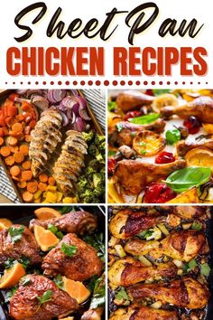 four different pictures with the words sheet pan chicken recipes on them and images of various types of meats